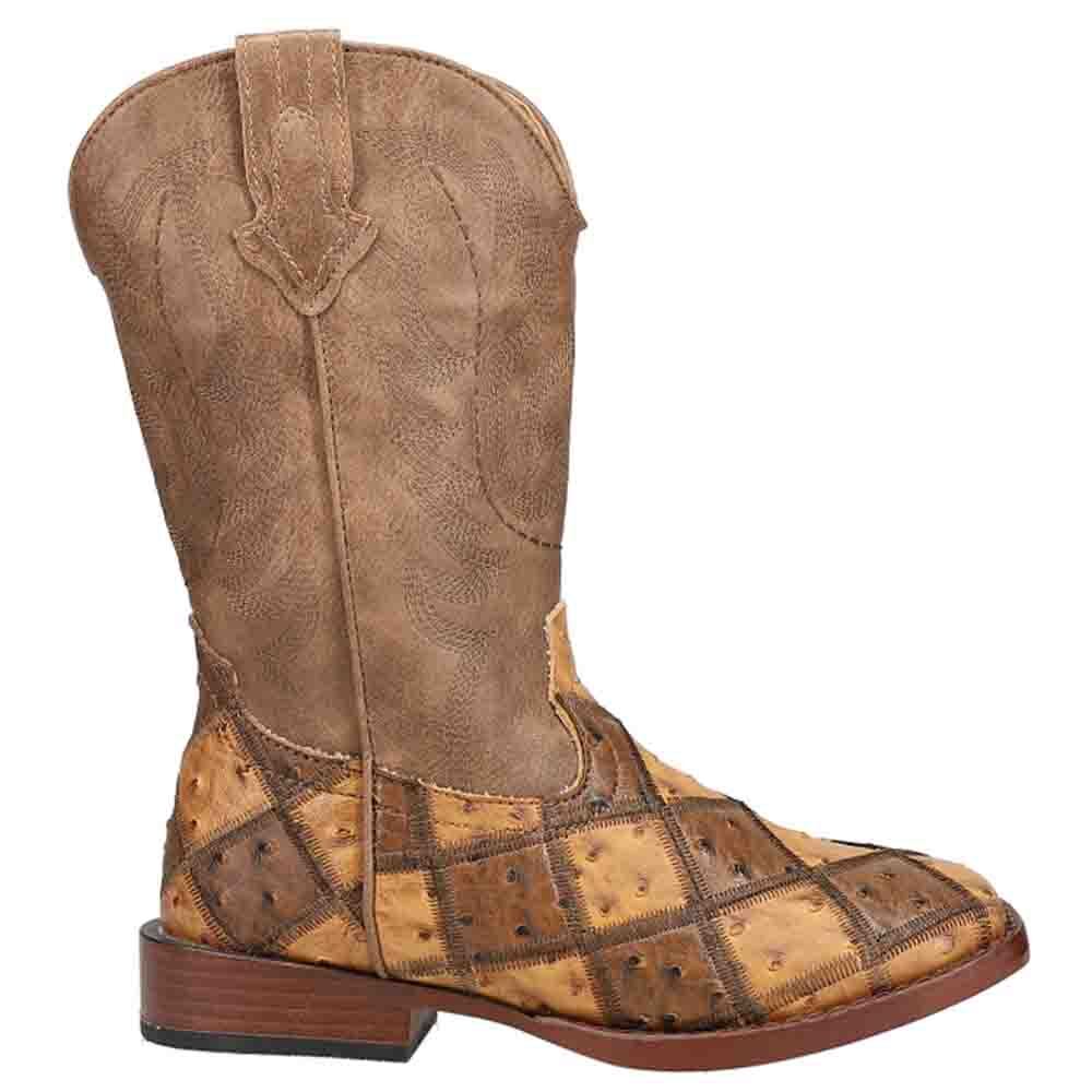 Roper Bird Blocks Ostrich Square Toe Cowboy  Youth Boys Brown Casual Boots 09-11