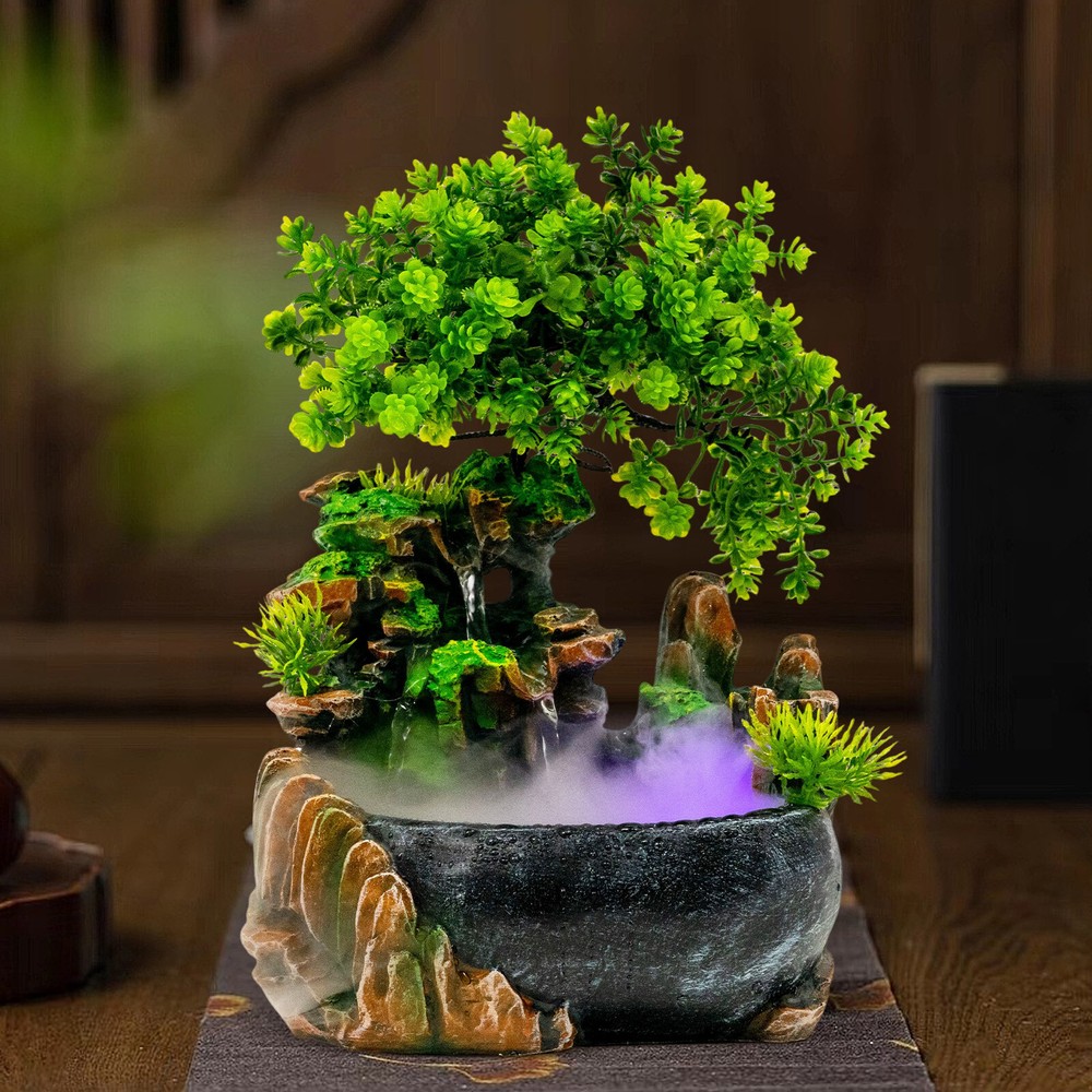 Indoor Tabletop Fountain Waterfall Fountain with LED Light and Atomizer
