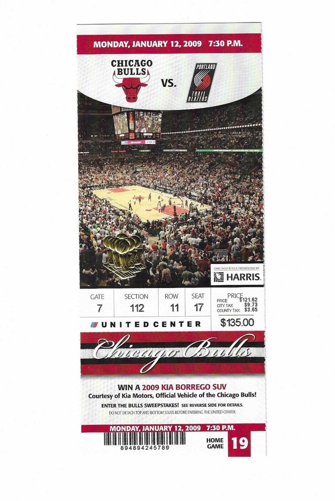 Chicago Bulls vs Portland Trail Blazers Unused Basketball Ticket from 1/12/2009