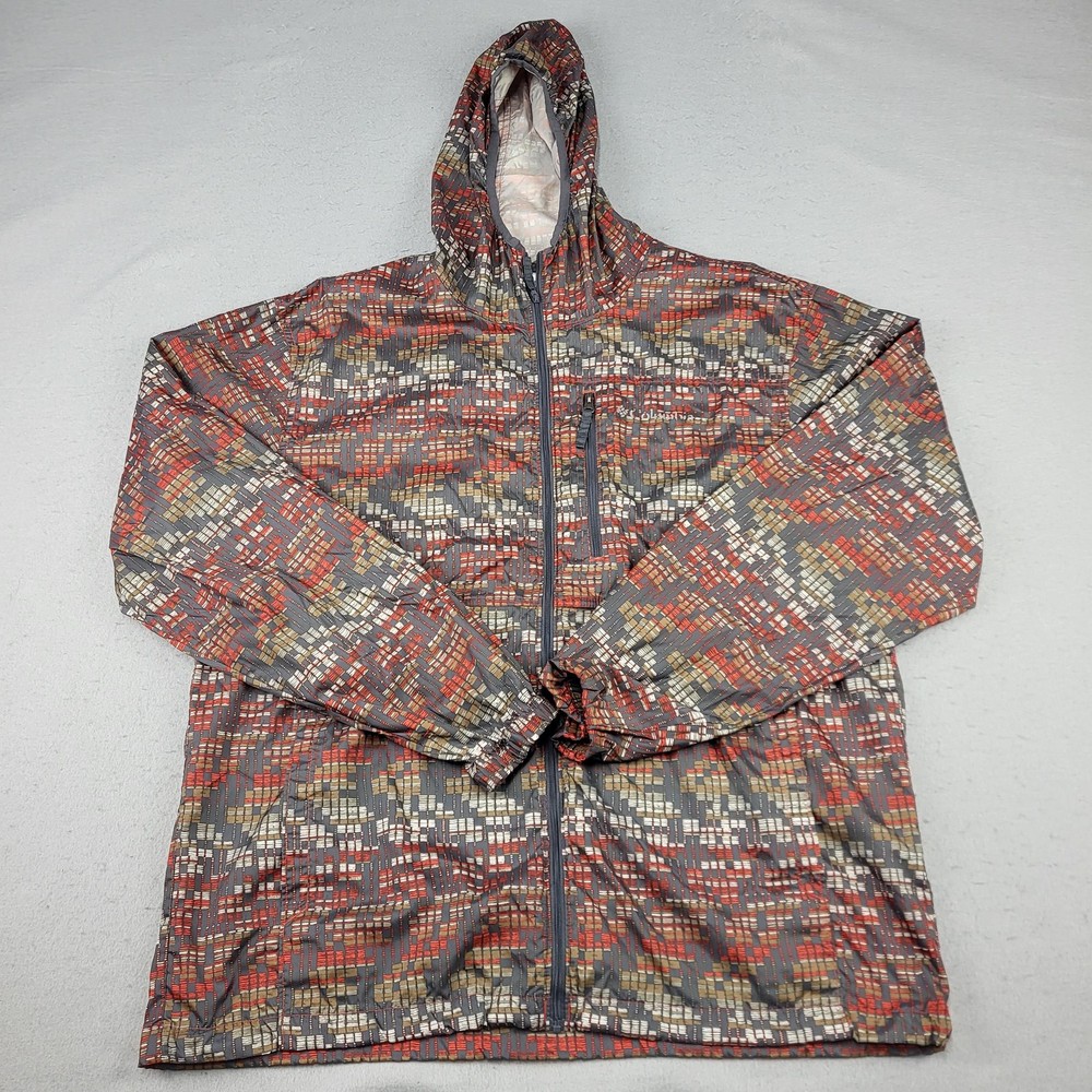 Columbia Jacket Mens Large Gray Red Hooded Windbreaker Full Zip Lightweight