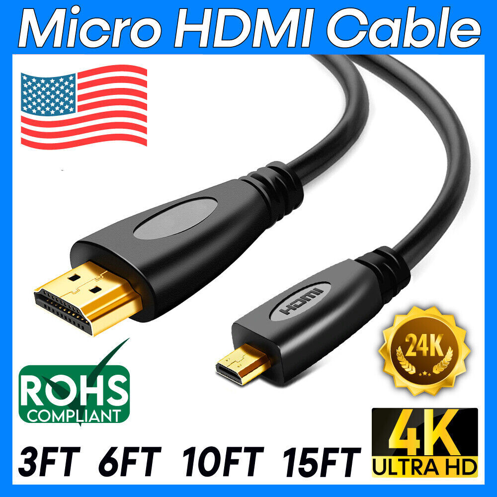 Micro HDMI Cable 1080P ARC for Laptop Tablet Camera HDTV Projector GoPro