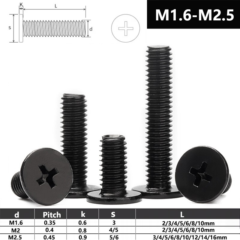 M1.6 M2 M2.5 Phillips Thin Wafer Flat Head Low profile Screws Black Zinc Plated