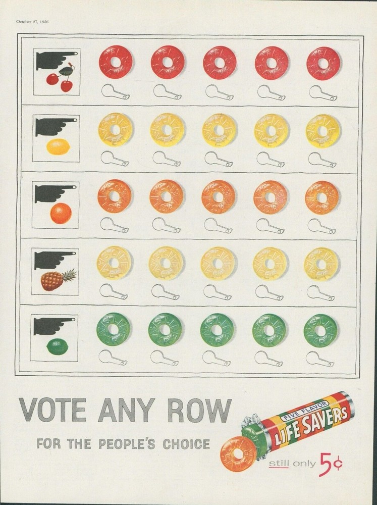 1956 Life Savers Election Booth Vote Peoples Choice Flavor Vintage Print Ad SP12