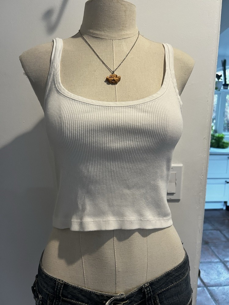 Brandy Melville White Ribbed Cropped Tank  Top, One Size, 100% Cotton