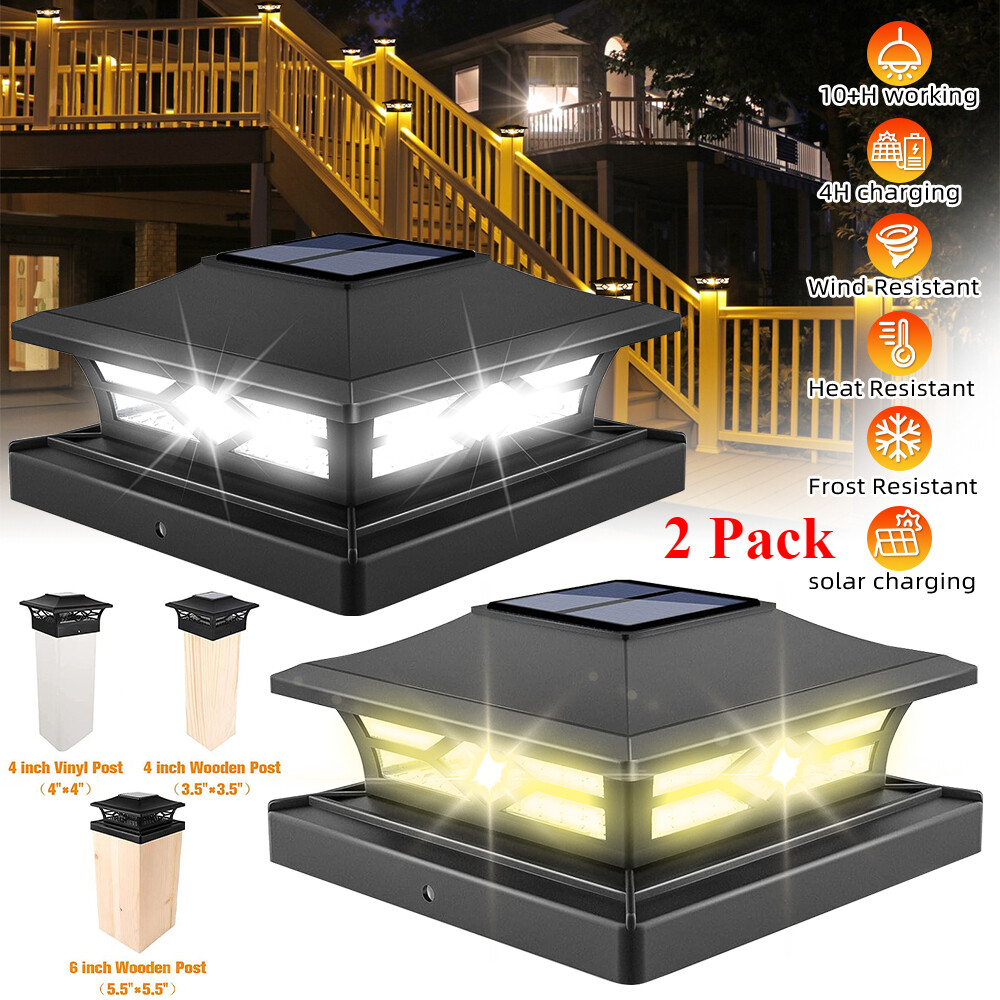 2PCS Solar Post Cap Lights for 4x4 or 6x6 Outdoor Deck Fence in Black or White