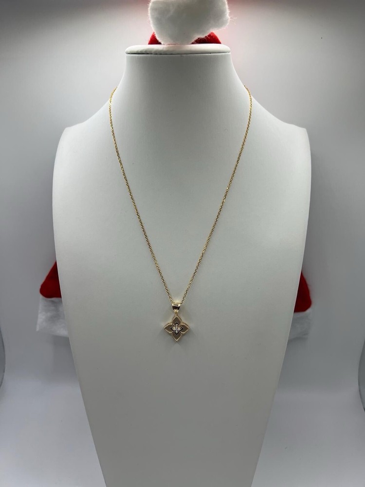 14K Yellow Gold White Clover Pendant with Paper Clip Chain Necklace 18 Inches