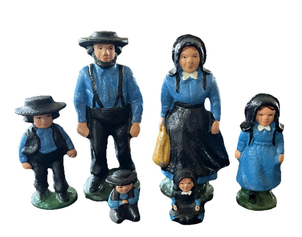 Cast Iron Amish Figures Family Blue Father Mother And Kids Collection