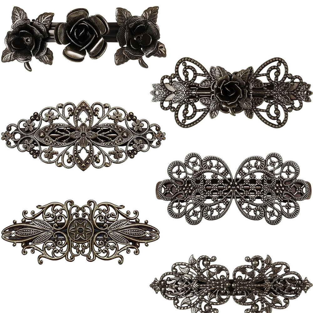 Vintage Bronze French Flower Hair Barrettes Set of 6 Retro Clips for Women