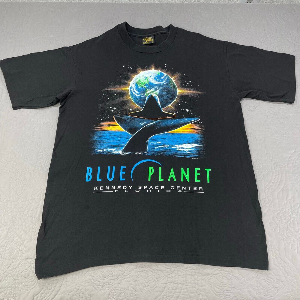 Kennedy Space Center Blue Planet 90s T Shirt Mens Large Black Earth Whale NASA