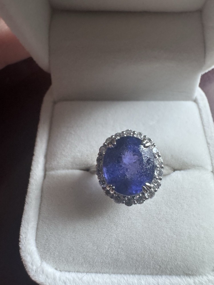 6.57ct Oval Tanzanite & Diamond Halo Ring 14K White Gold 7.11ctw