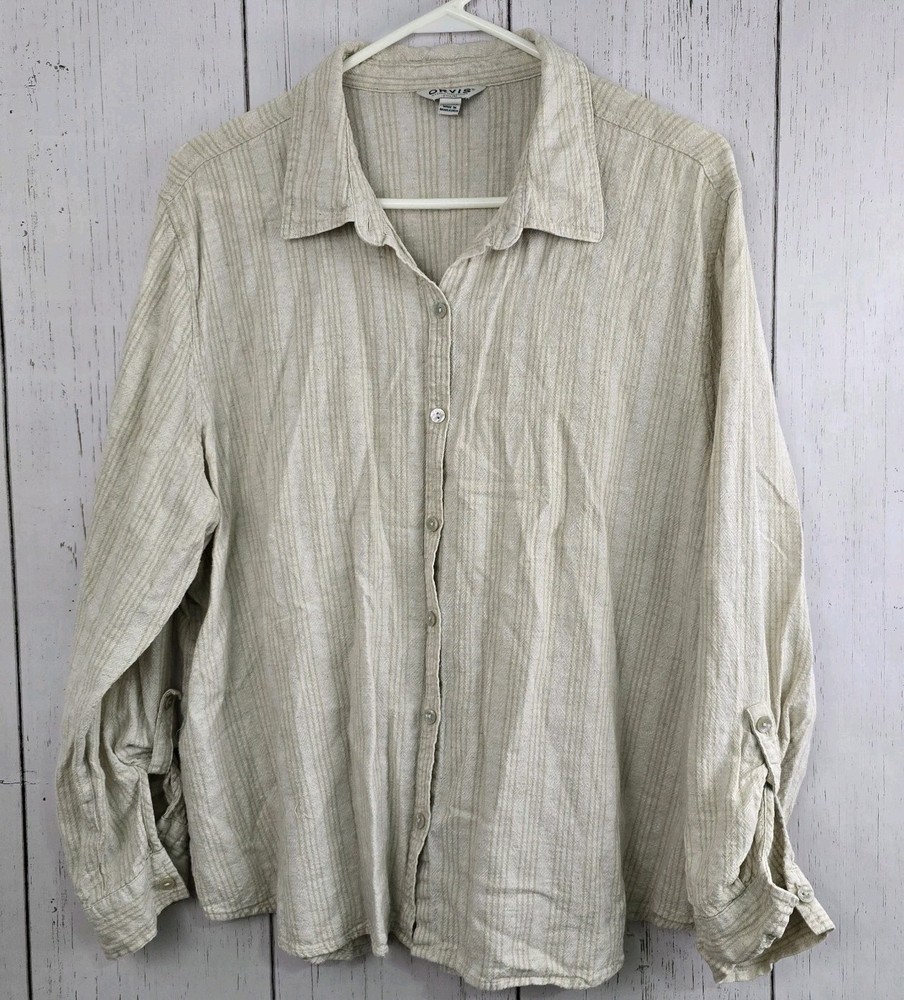 Orvis Shirt Womens XXL Beige Linen Blend Button Up Roll Sleeve Casual