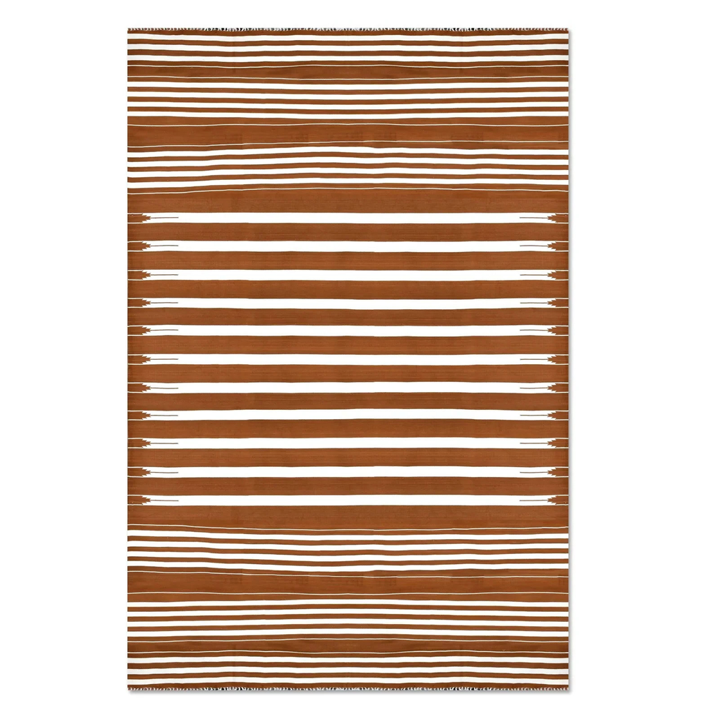 Handwoven Striped Cotton Dhurrie Rug Color Brown and White Design Carpet Rug