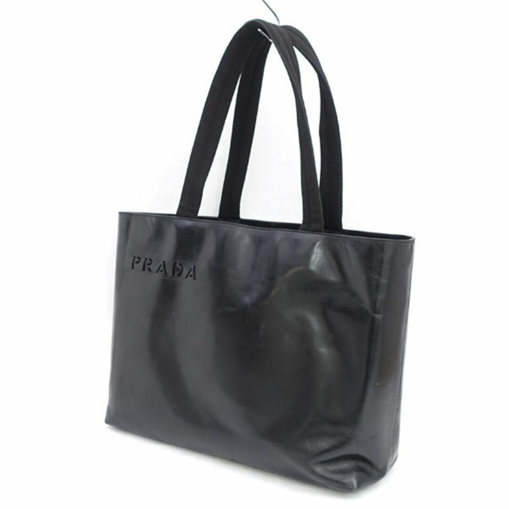 RARE PRADA Black Leather Cut Logo Tote Handbag Preowned Luxury Brand