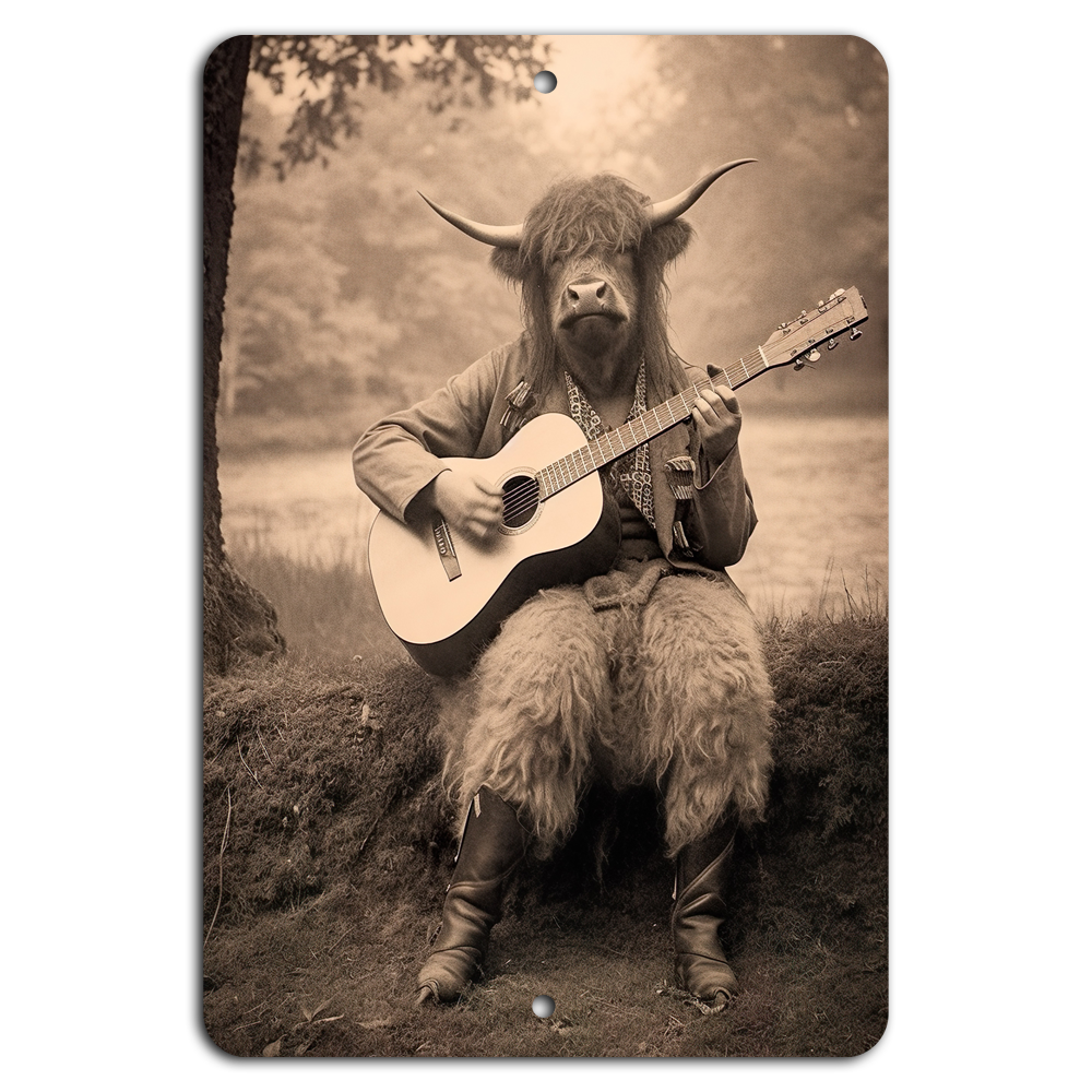 Guitar-Playing Highland Cow: Rustic Charm on Metal Sign