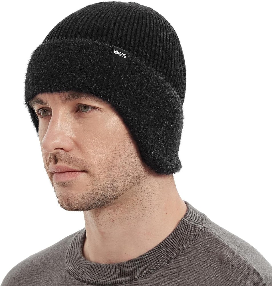Wmcaps Winter Fleece Lined Beanie with Earflap, Warm Thermal Knit Hat for Men