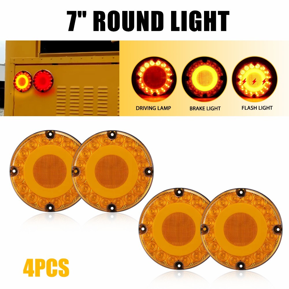 4PCS Amber 7-Inch Round LED Tail Lights for Trucks, Buses, and Trailers with DRL and Turn Signals