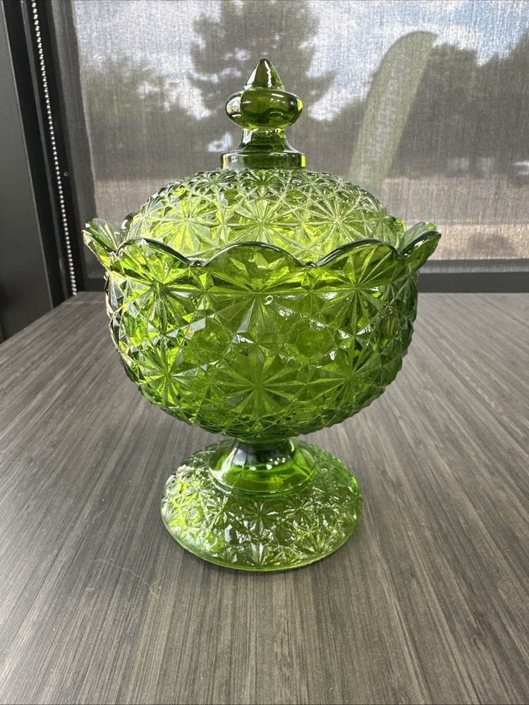 Green Glass Candy Dish El Smith Vintage Daisy And Button Pedestal