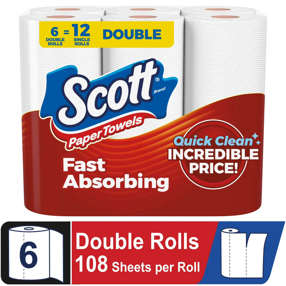 Scott Paper Towels, Choose-A-Sheet, 6 Double Rolls = 12 Regular, 100 Sheets/Roll