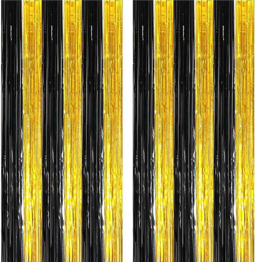 4 Pack Black and Gold Foil Fringe Curtains Photo Booth Prop Tinsel Streamer Back