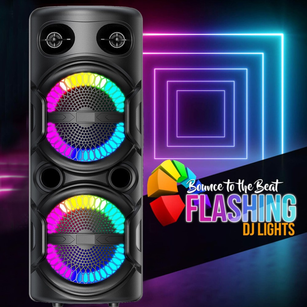 Dual 8 Inch Portable Bluetooth Party Speaker with Subwoofer Mic Remote LED Lights TWS FM