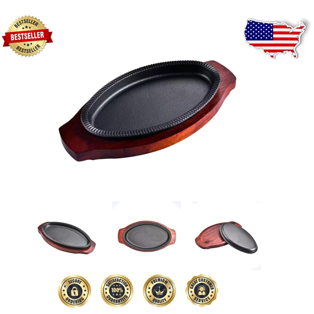 Retro Style 11x7 Cast Iron Steak & Fajita Plate Set with Elegant Wooden Tray