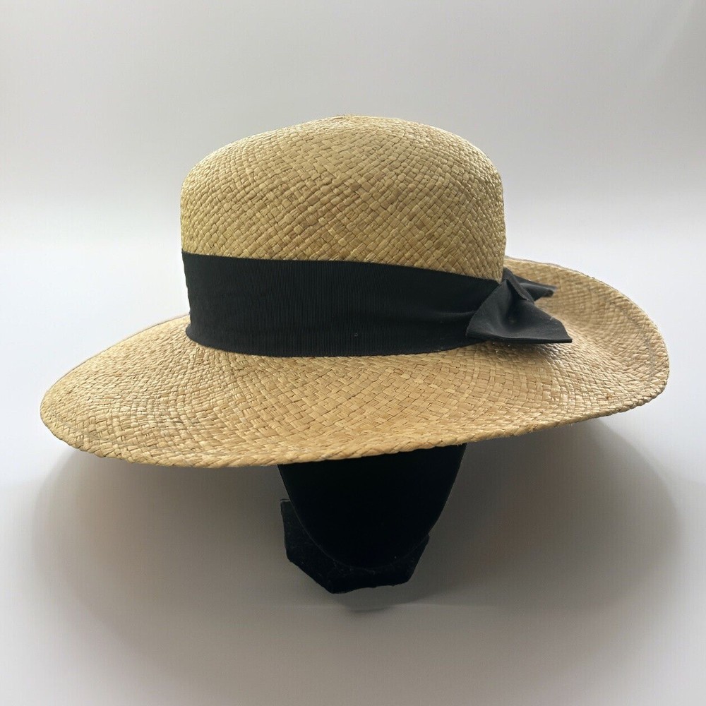 Women’s Hand Woven Straw Beach Sun Hat By THE LIMITED Black Bow Small Vintage