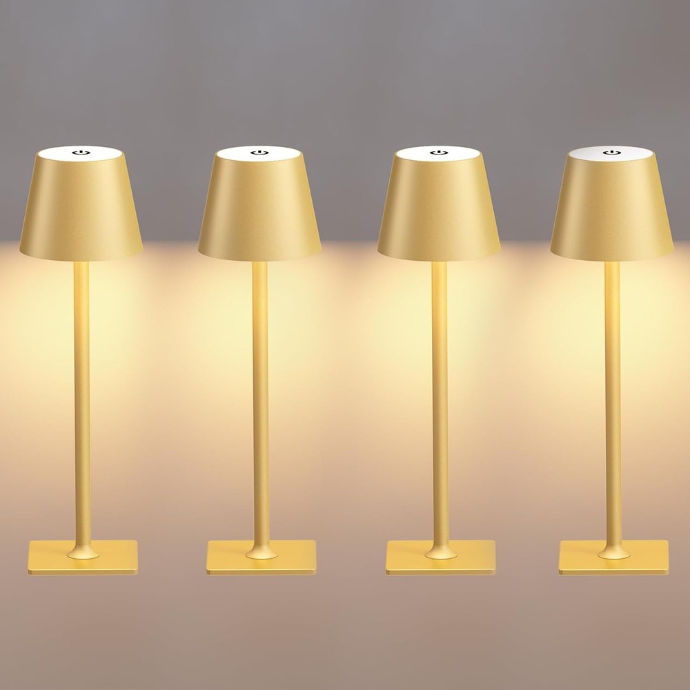 4-Pack Gold Cordless Table Lamps, Portable Battery-Operated Set