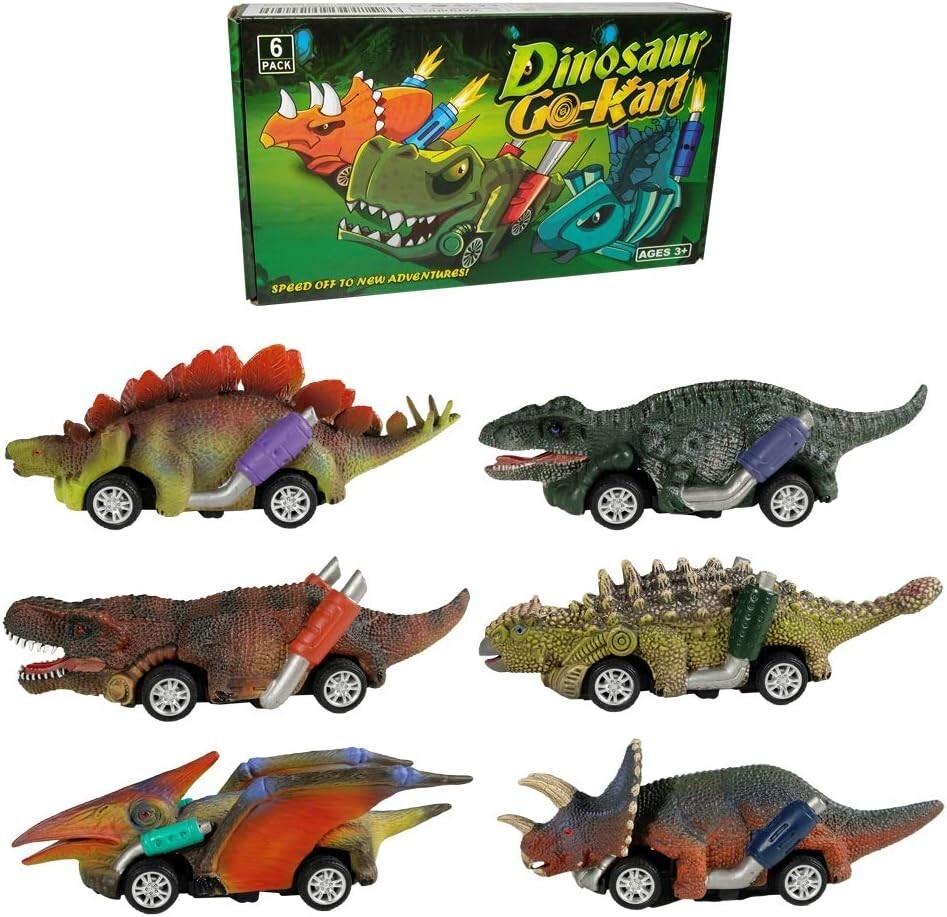 Dinosaur Pull Back Cars 6 Pack for Toddlers Ages 3-5 T-Rex Toy Set
