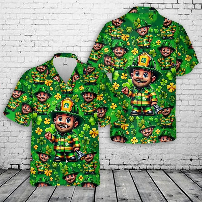 St Patricks Day Firefighter Hawaiian Shirt Shamrock Lucky Fireman Gift