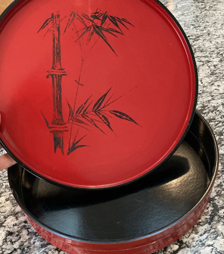 VTG Large Japanese Enamel Box Red Black Bamboo Pattern 10.5 Inch