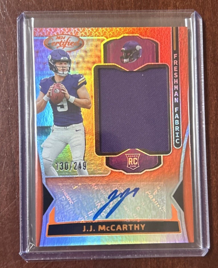 2024 Panini Certified - Freshman Fabric Mirror Signatures Orange #FMS-JMY J.J. McCarthy /249 (AU, MEM, RC)