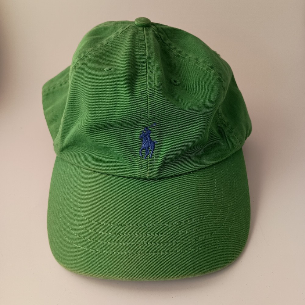 VINTAGE Ralph Lauren Polo Green Hat Cap Leather Strap Back Blue Pony Logo Adult