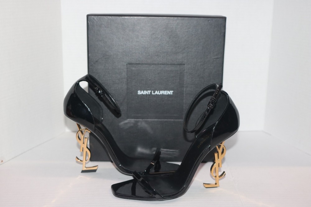 Saint Laurent Black Patent Leather OPYUM Sandals Heels Size 40.5