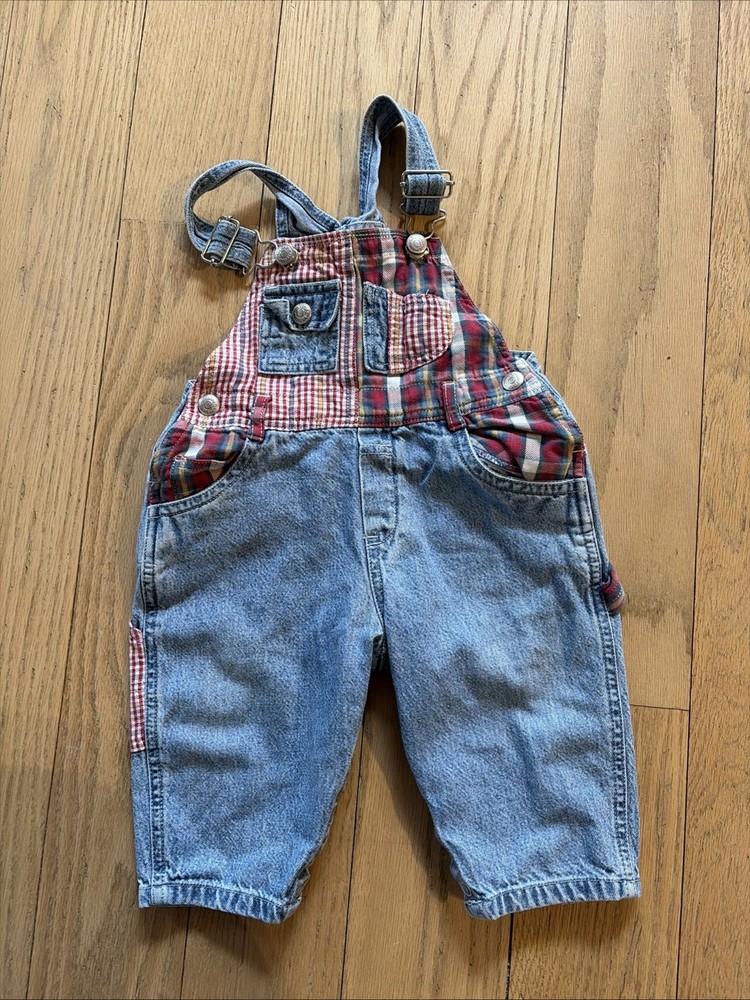 Vintage Baby Gap Denim Overalls Red Plaid Unisex Pockets Patches 6-12 months
