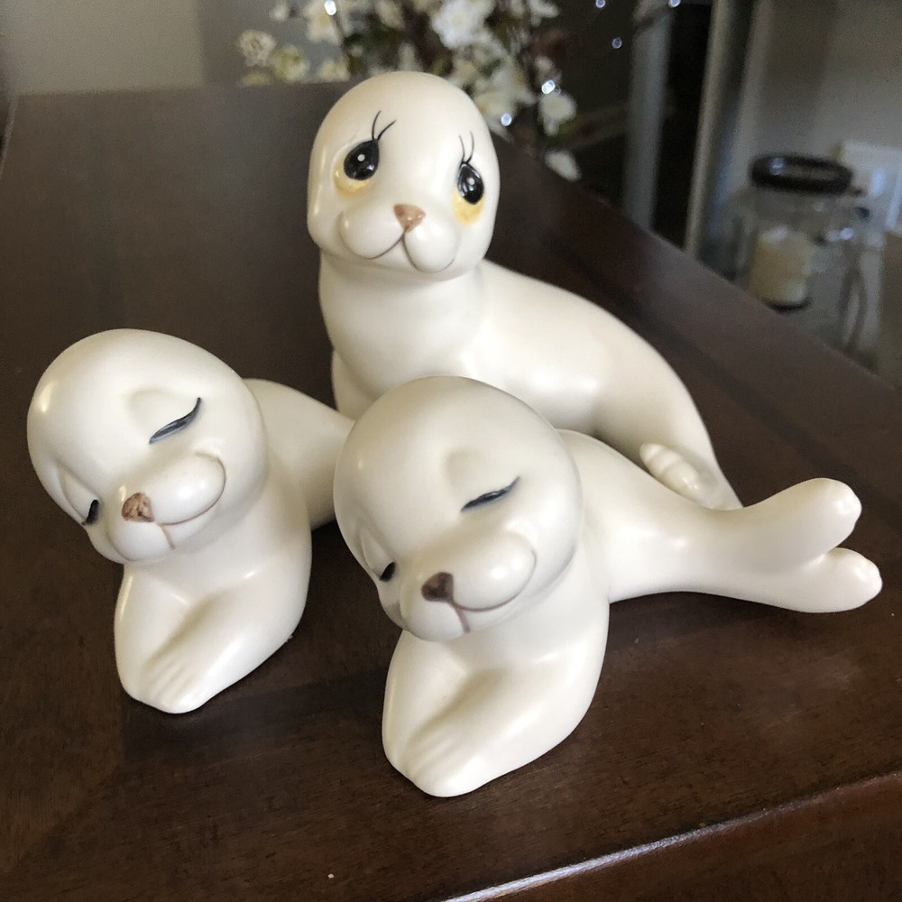 Oxford Mother & 2 Baby Seals White Ceramic SEA LION Figurine Mexico Handmade  