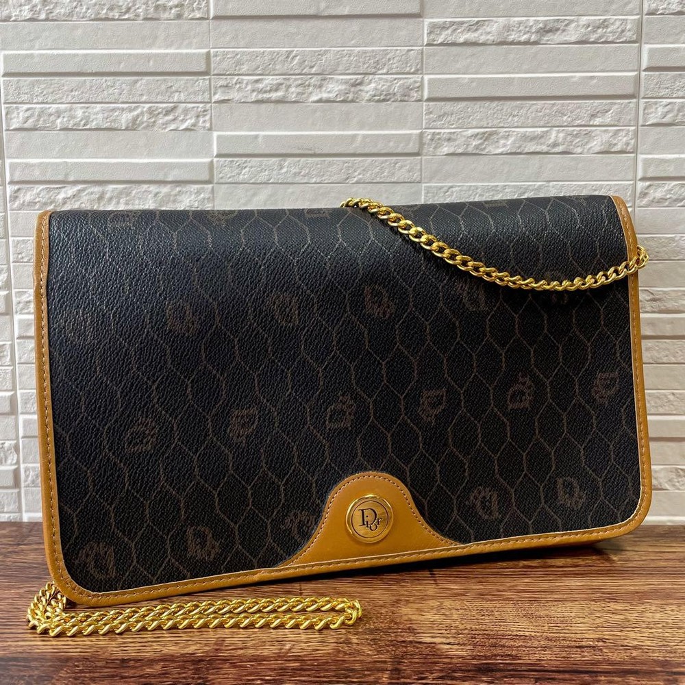 Christian Dior Honeycomb PVC Chain Shoulder Bag in Brown Leather Authentic Luxury