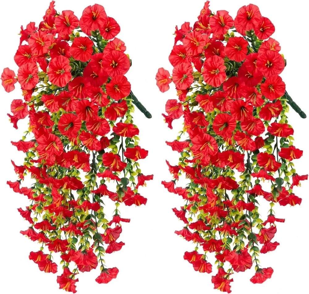UV Resistant Faux Silk Morning Glory Hanging Flowers for Outdoor Decor 2 Pc Red