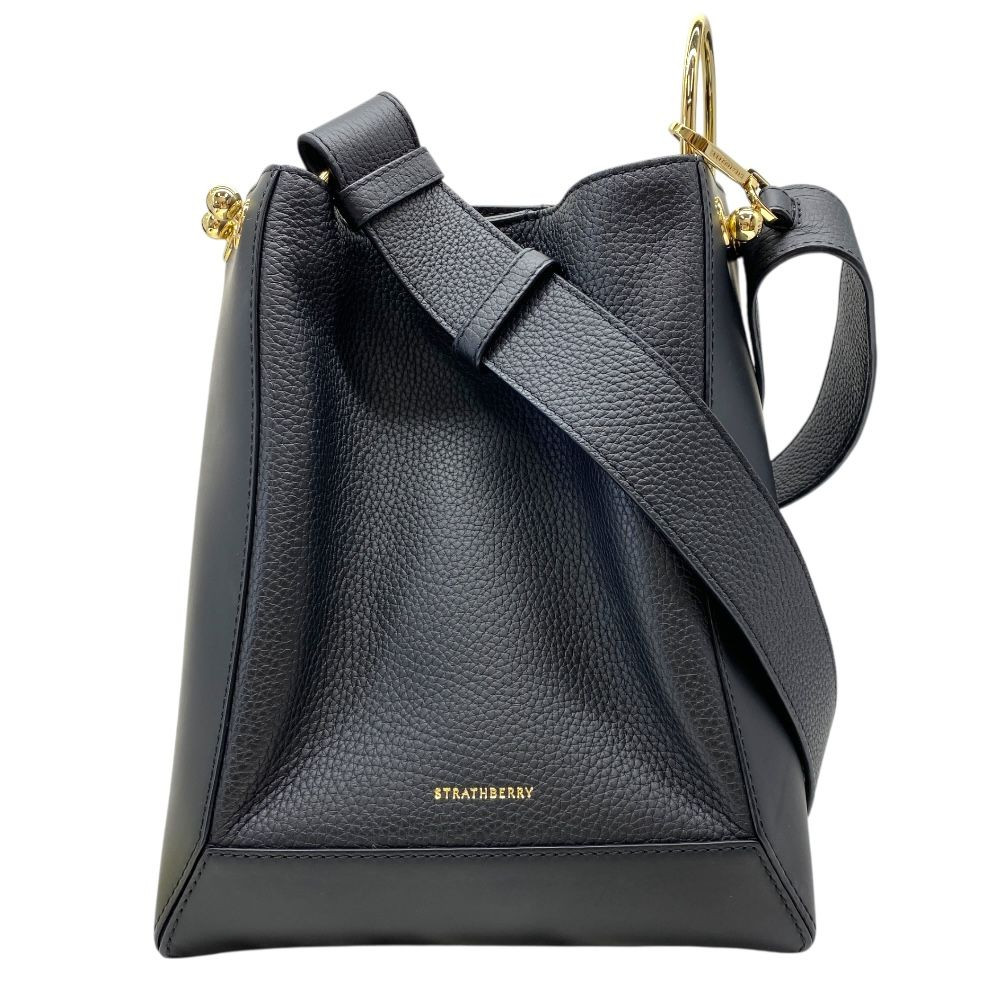 Strathberry Lana Midi Bucket Bag Black Gold Leather Handbag Shoulder USED FS JP