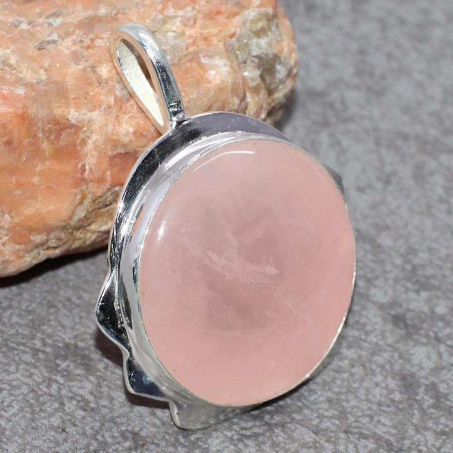 Fine Finish Rose Quartz 925 Silver Plated Round Handmade Pendant 1.7 Inches Jewelry