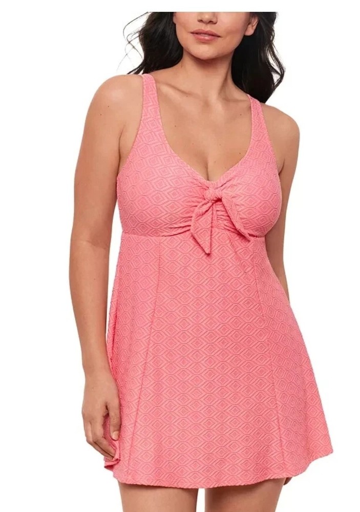 $112 Swim Solutions Women's Textured Tie Front Swimdress Pink Size 10