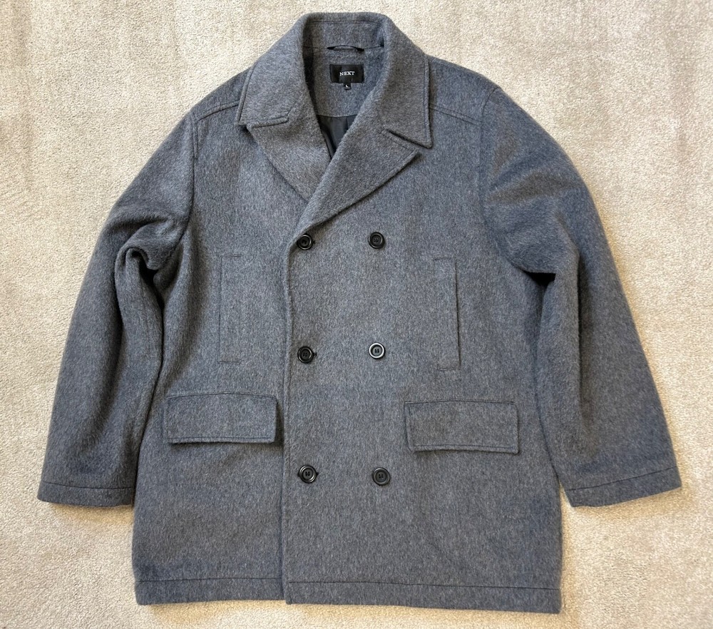 NEXT Mens Coat Grey Wool Blend double breasted short Pea Jacket Size XL