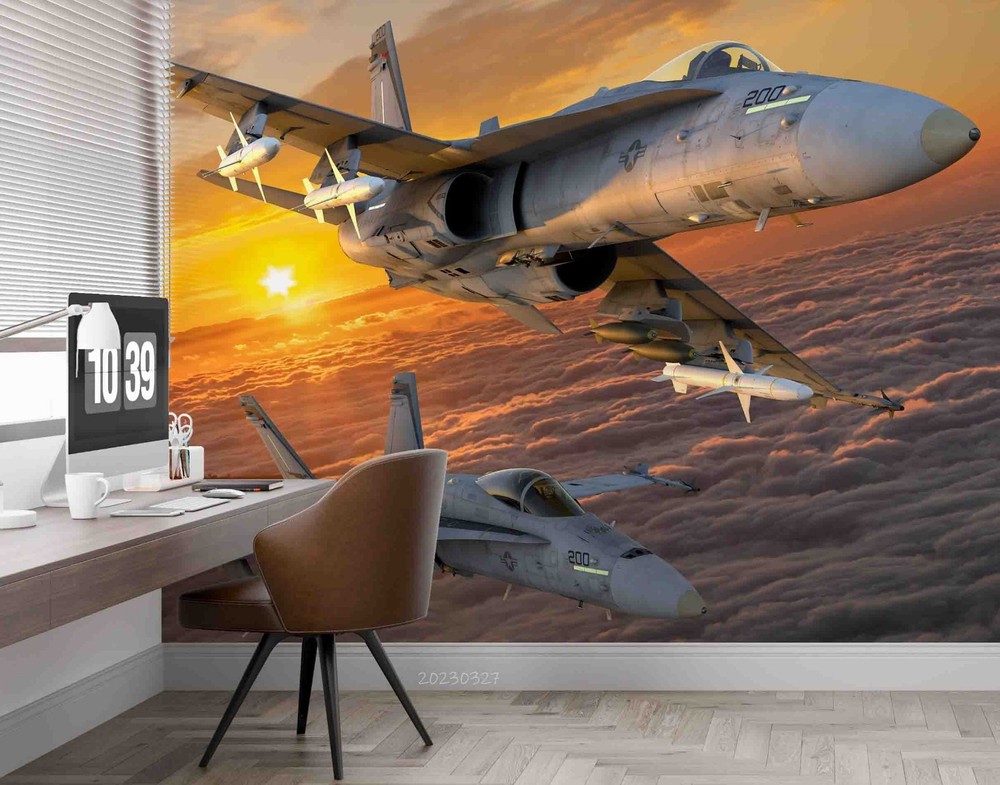 3D Fighter Jet Sky Sunset Landscape Wall Murals Wallpaper Murals Wall Sticker 2
