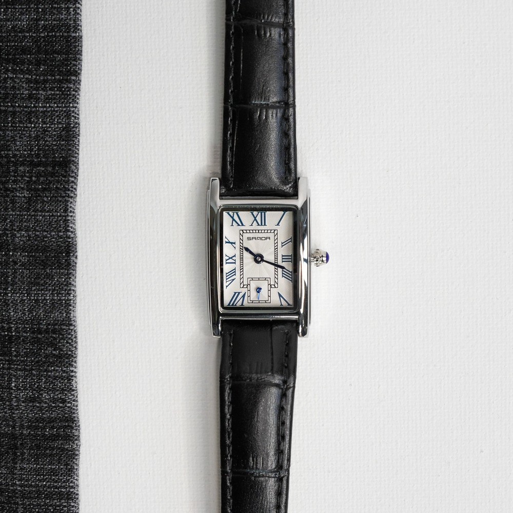 Vintage style Silver Square analog Watch black leather Band roman numeral