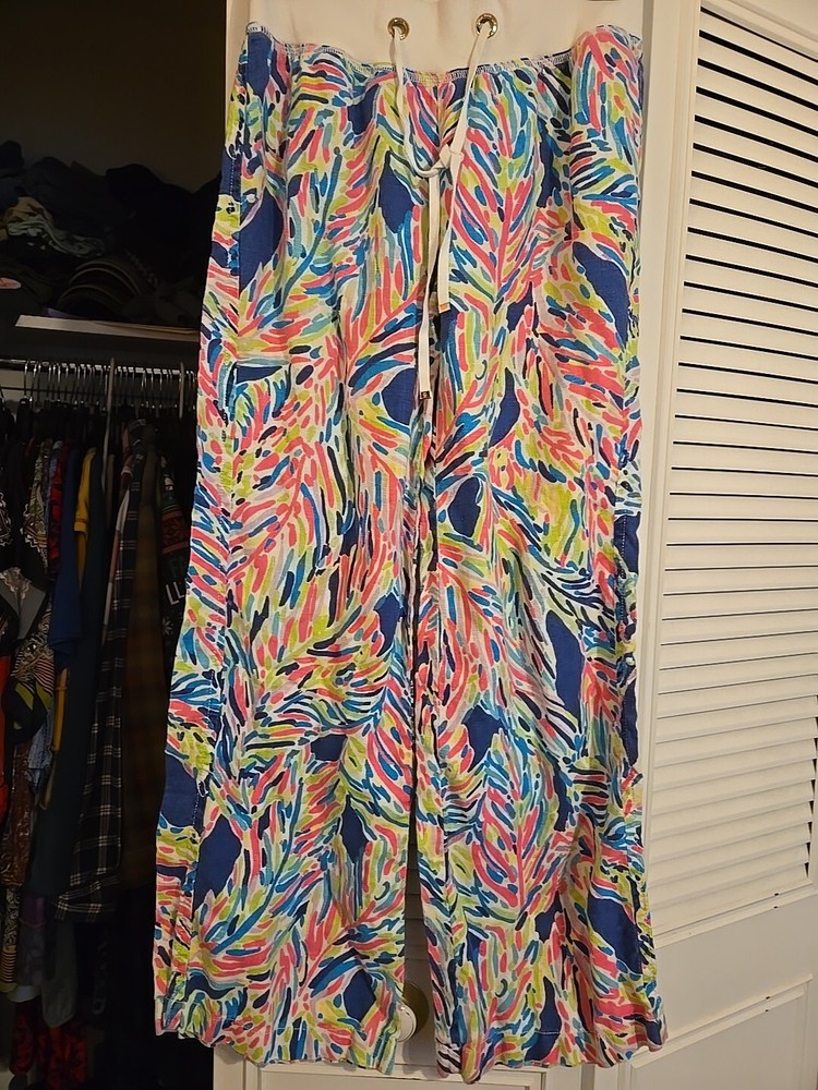 Lilly Pulitzer Linen Wide Leg Beach Pant SMALL BRIGHT Indigo Palm Reader Print