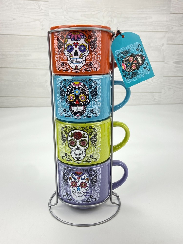 Prima Designs Day Of Dead Sugar Skulls Stacking Coffee Mugs Silver Metal Holder-image