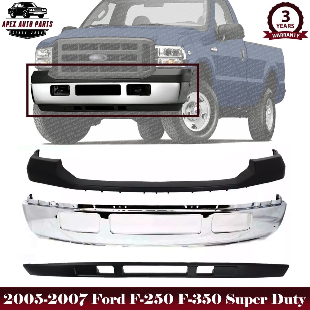 Front Bumper Chrome + Upper + Lower For 2005-2007 Ford F-250 F-350 Super Duty