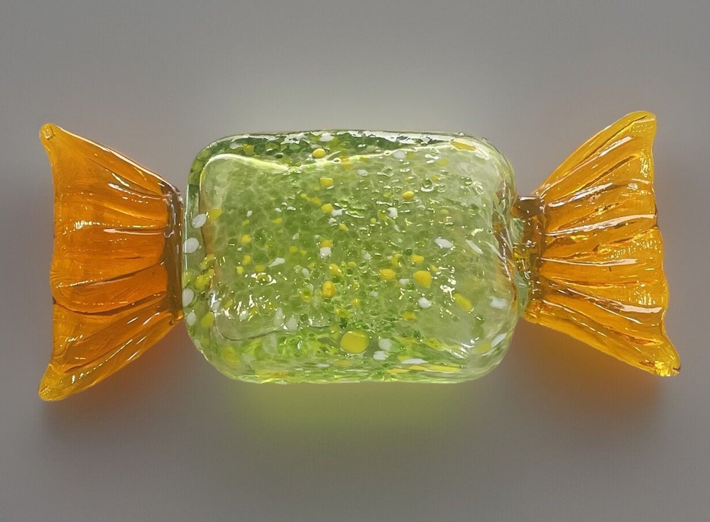 Wrapped Hard Candy Art Glass Orange Speckled 6.5” Paperweight Murano-style EUC