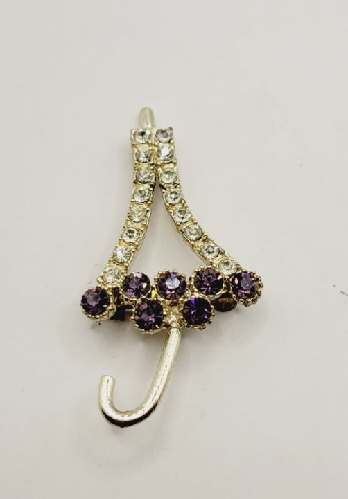 Vintage Victorian Silver Tone Purple White Crystal Elegant Umbrella Brooch Pin
