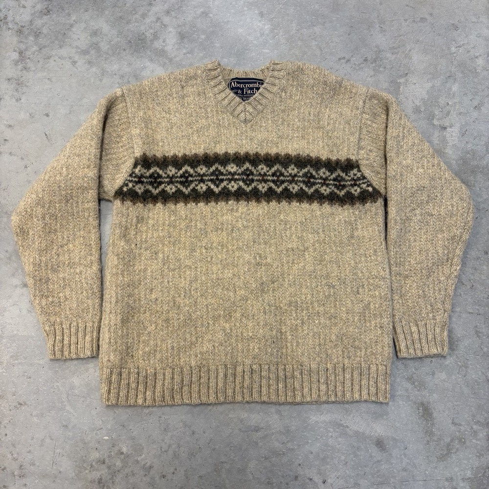 Vintage Abercrombie Fitch Sweater Wool Fair Isle V Neck Beige Tan Nordic Medium