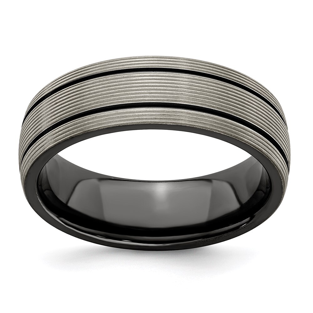 Black Titanium Grooves and Textured Lines 7mm Band Ring Size 6